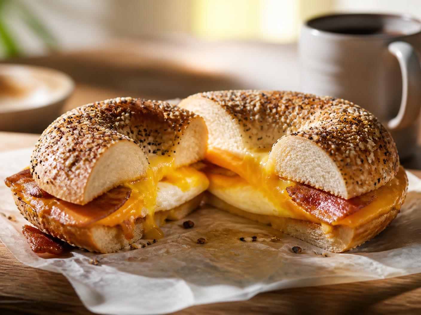 Bacon, egg and cheese on an everything bagel