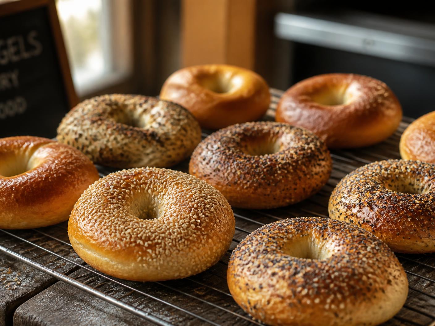 Fresh bagels cooling on a rack