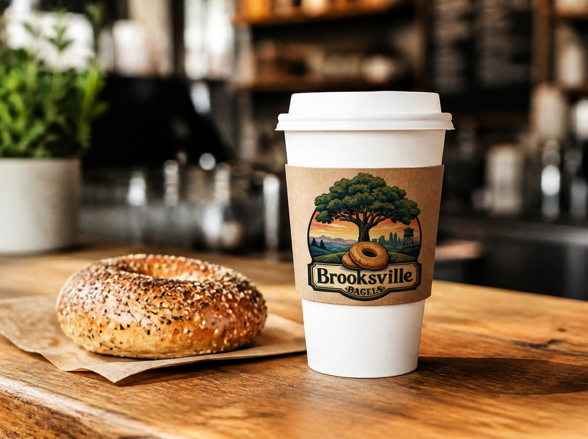 Coffee to go in a Brooksville Bagels sleeve
